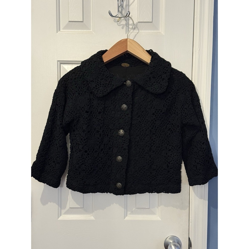 Anthropologie One Girl Who Black Lace Boho Preppy Chic Blazer  Silk/Linen M/L